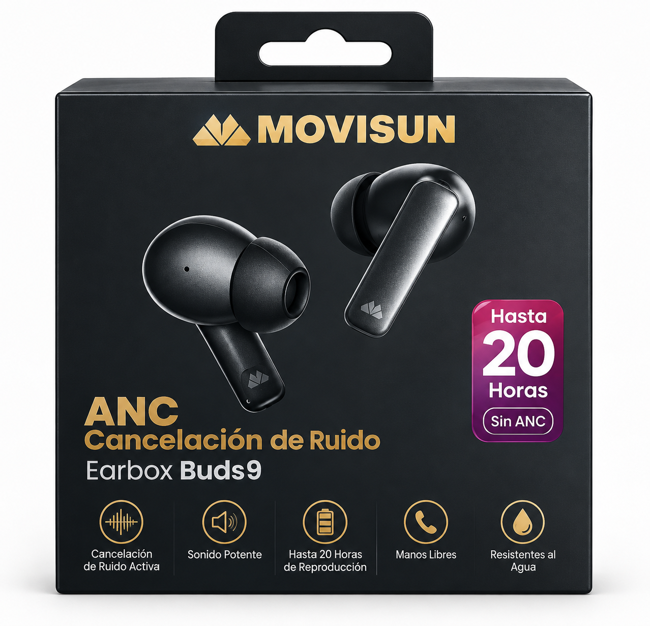 AUDÍFONOS INALÁMBRICOS MOVISUN EARBOX BUDS9 CON CANCELACIÓN DE RUIDO ACTIVA (ANC).