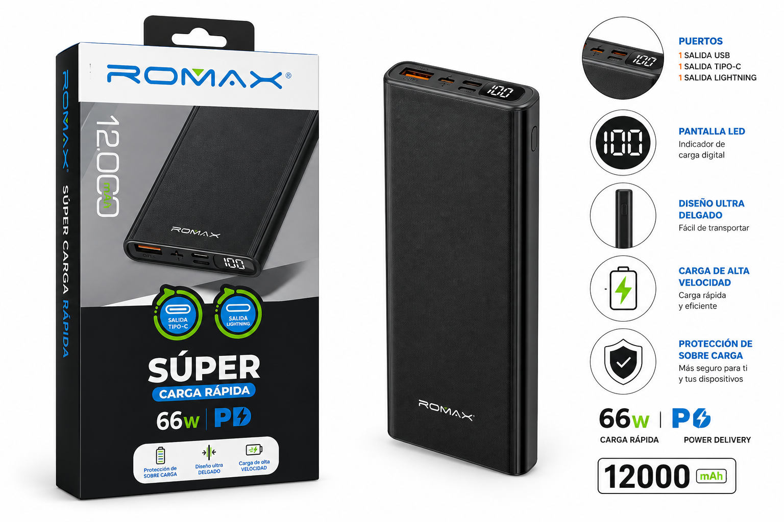 CARGADOR PORTÁTIL (POWER BANK)  ROMAX 12000