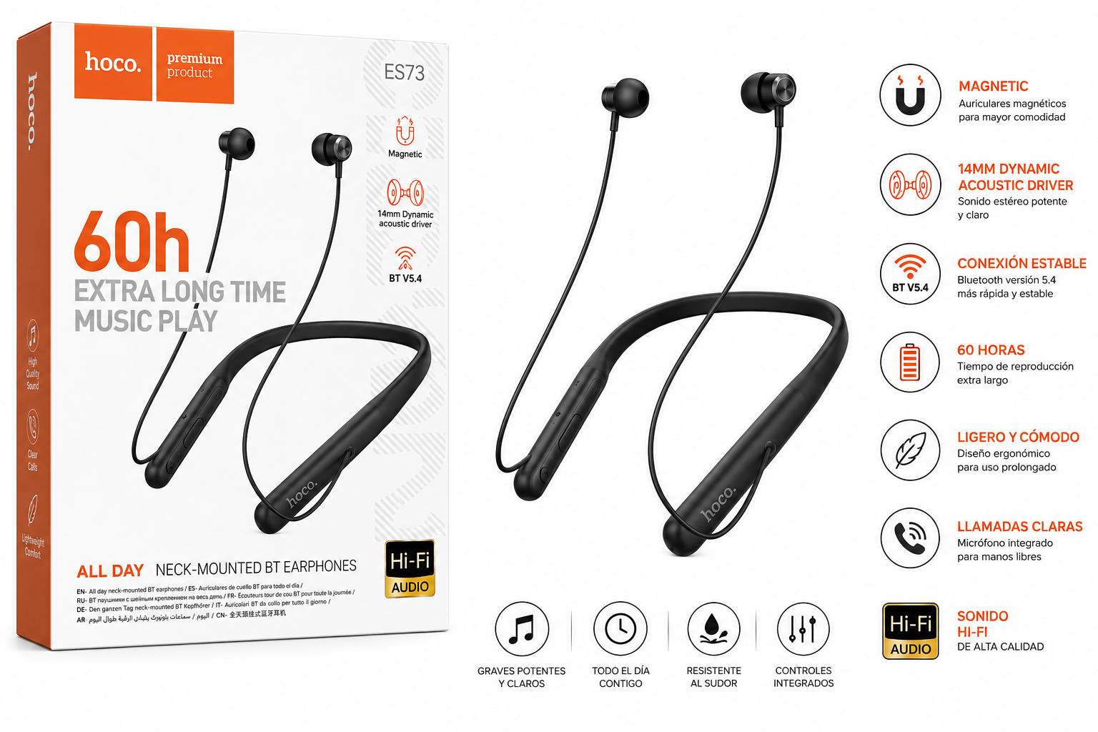 AUDÍFONOS BLUETOOTH HOCO ES73 DE SILICONA MAGNÉTICOS