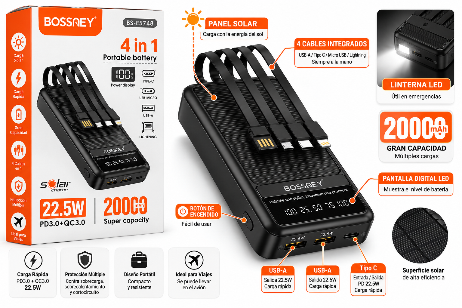 CARGADOR PORTÁTIL SOLAR BOSSNEY 4 EN 1