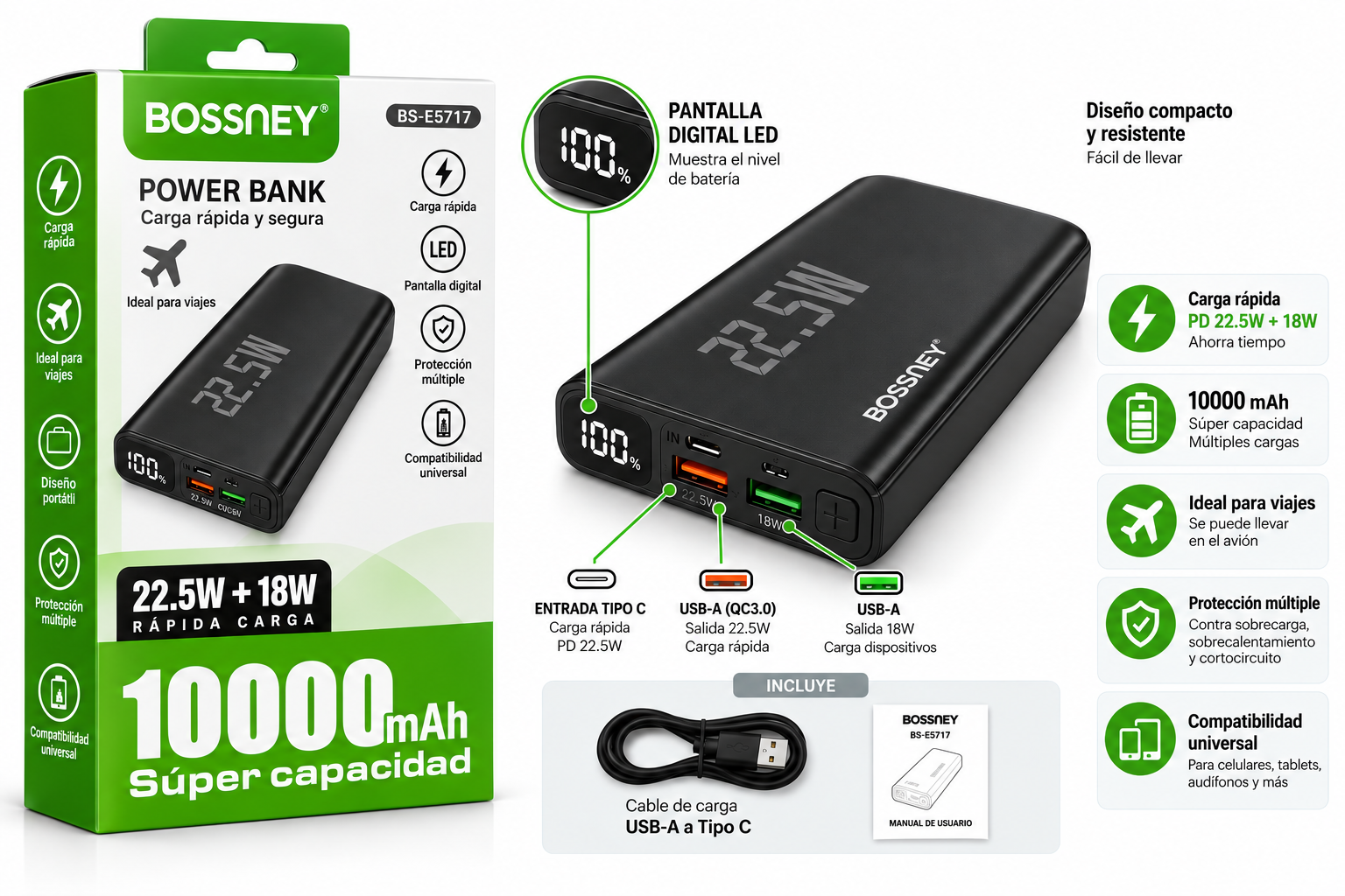 CARGADOR PORTÁTIL BOSSNEY DE 10000MAH