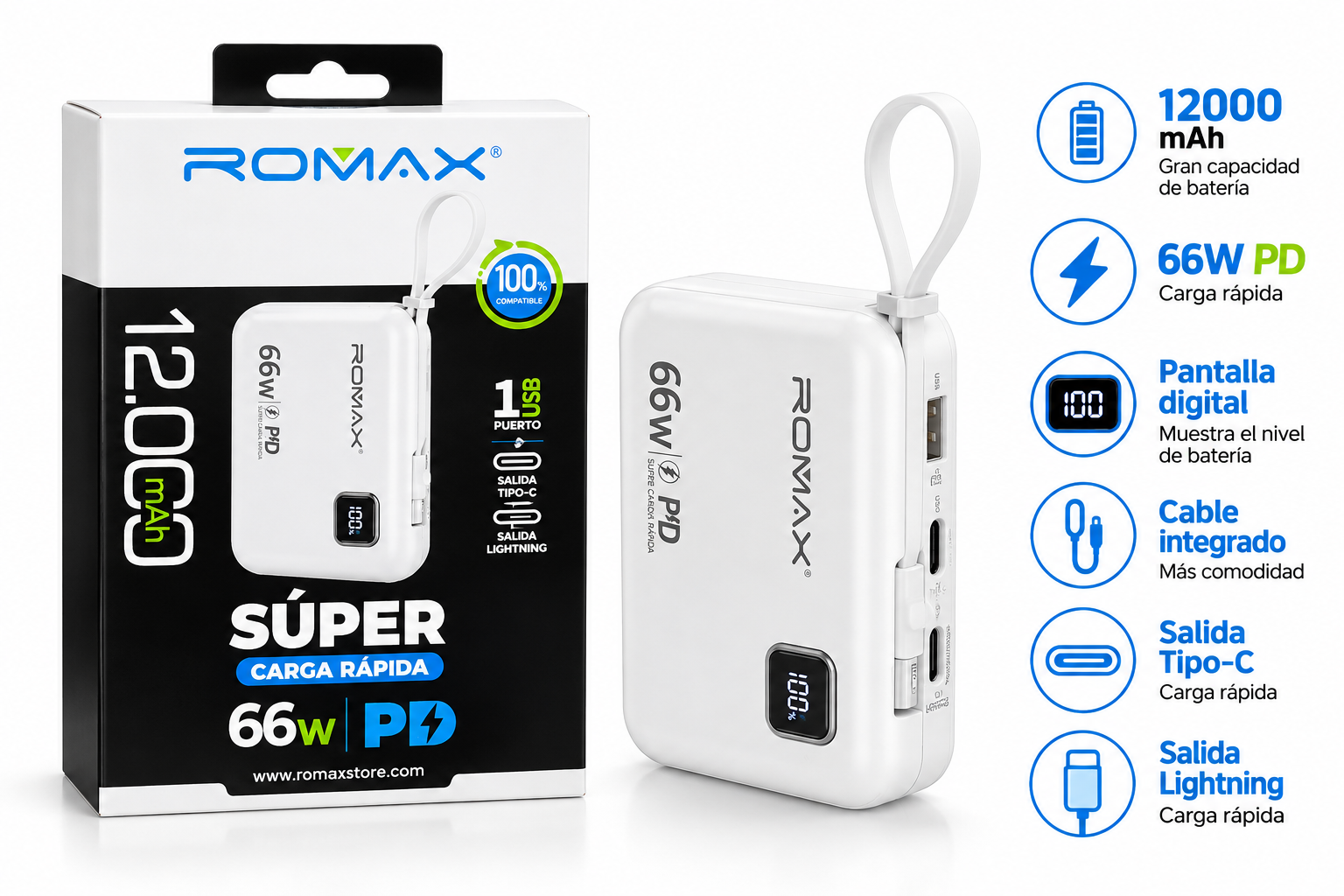 POWER BANK ROMAX SÚPER CARGA RÁPIDA 12000 MAH