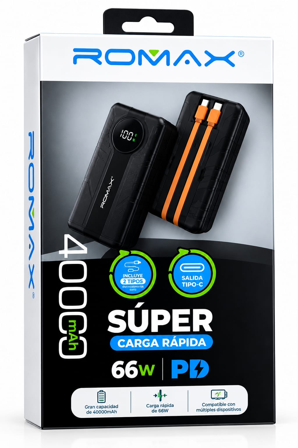 POWER BANK ROMAX 40,000MAH CARGA RÁPIDA  - DOS CABLES